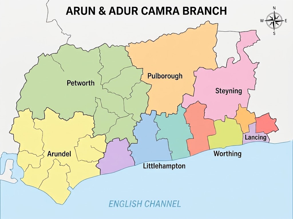 Map of the Arun and Adur CAMRA branch area