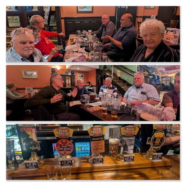 Members enjoying jugs of beer at The George, and the festival beers on the bar